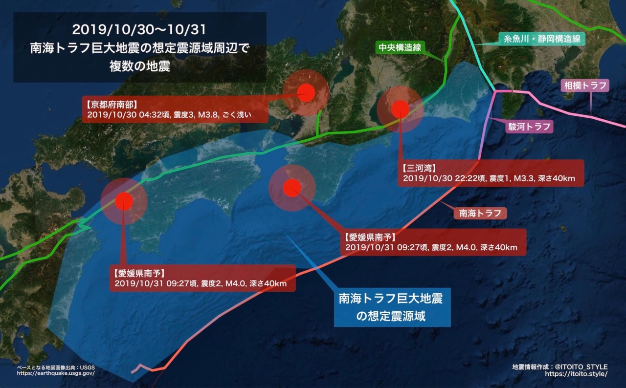 【愛媛/愛知】南海トラフ巨大地震の想定震源域周辺で複数の地震（2019/10/30〜10/31）