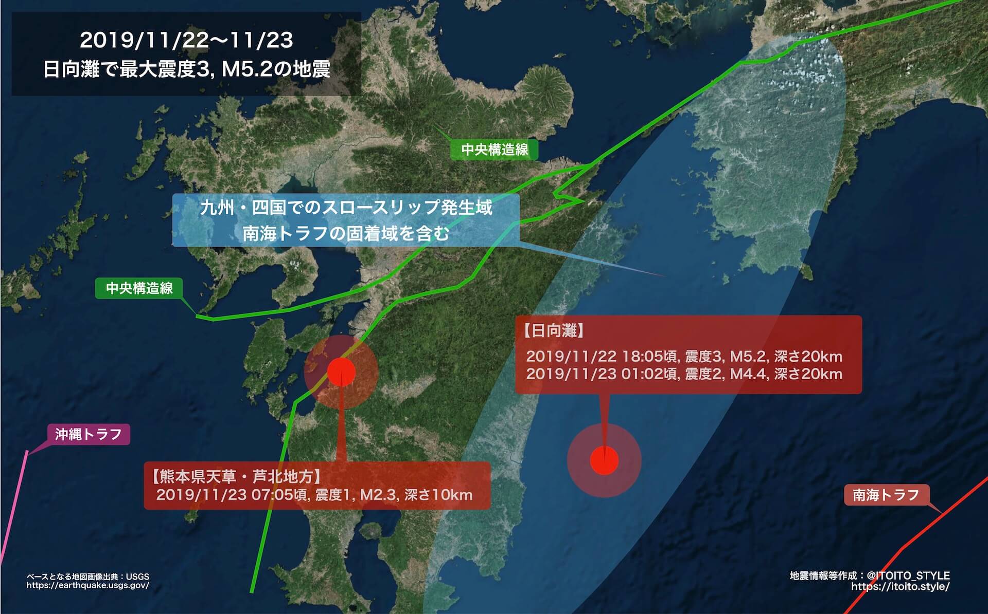 【九州】日向灘で最大震度3, M5.2の地震（2019/11/22〜11/23）