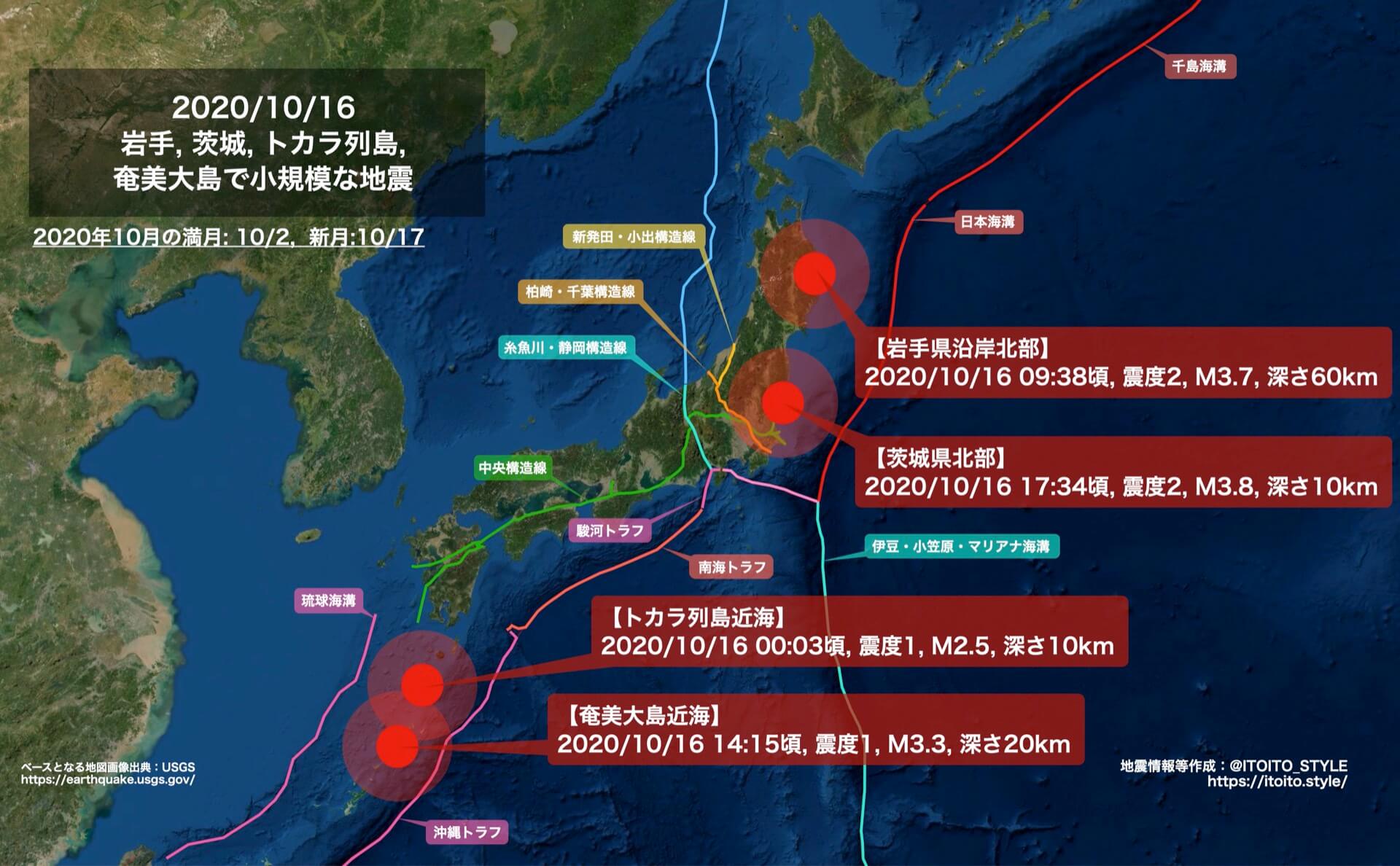 【全国】茨城, 岩手, トカラ列島, 奄美大島で小規模な地震（2020/10/16）