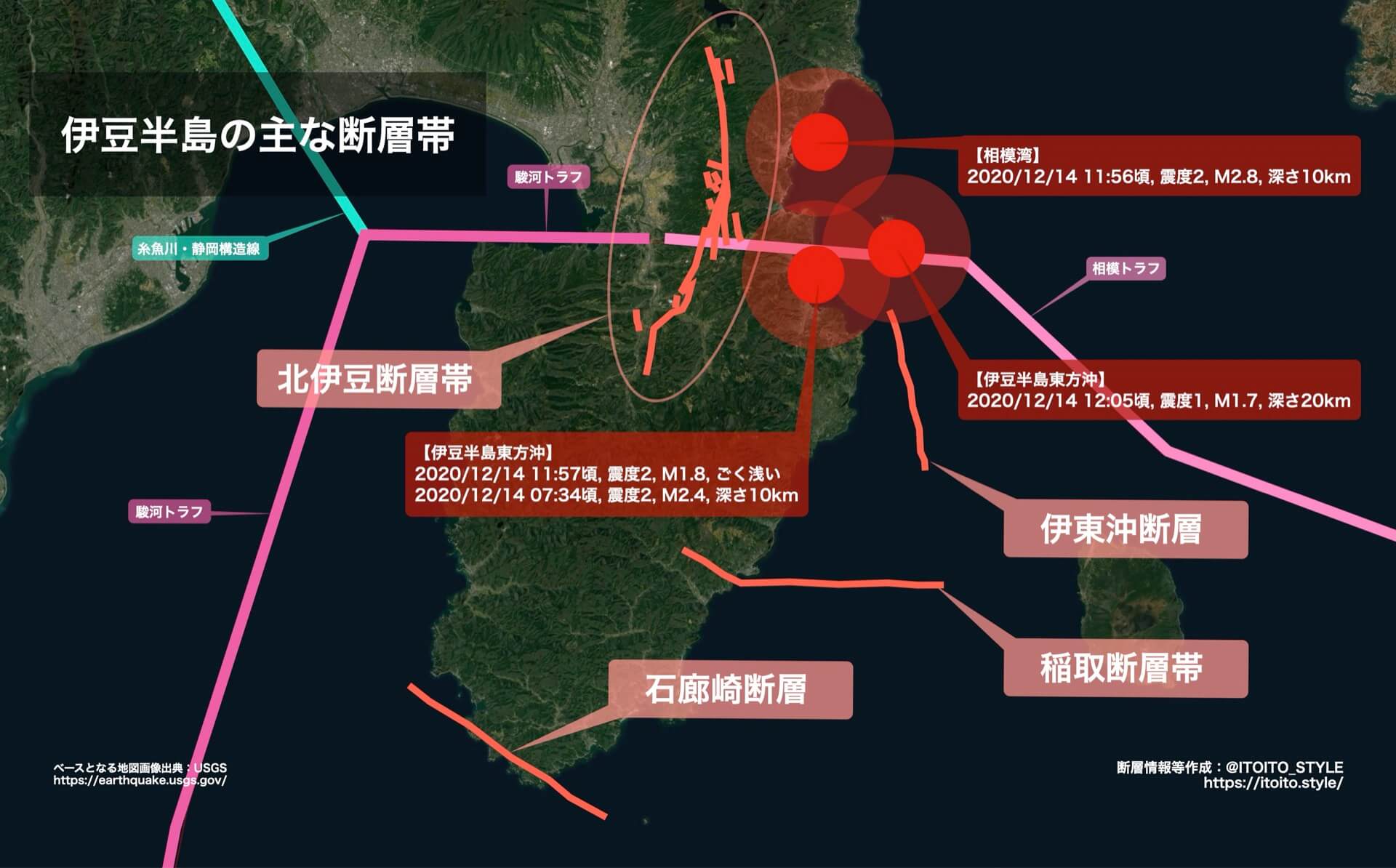 伊豆半島・相模湾周辺で連続地震。山梨, 長崎でも小規模な地震相次ぐ(2020/12/13〜12/14) itoito.style