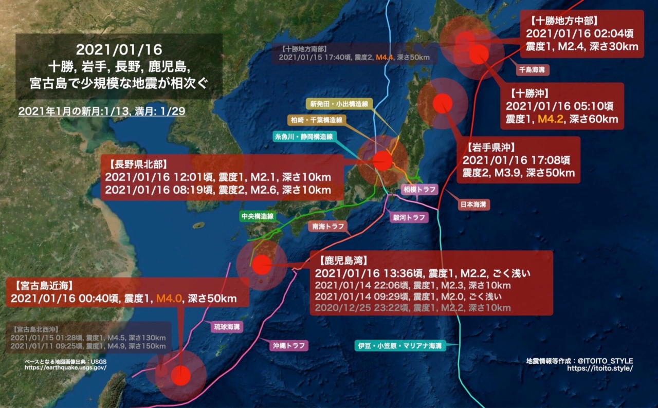 十勝, 岩手, 長野, 鹿児島, 宮古島で少規模な地震が相次ぐ（2021/01/16） | itoito.style