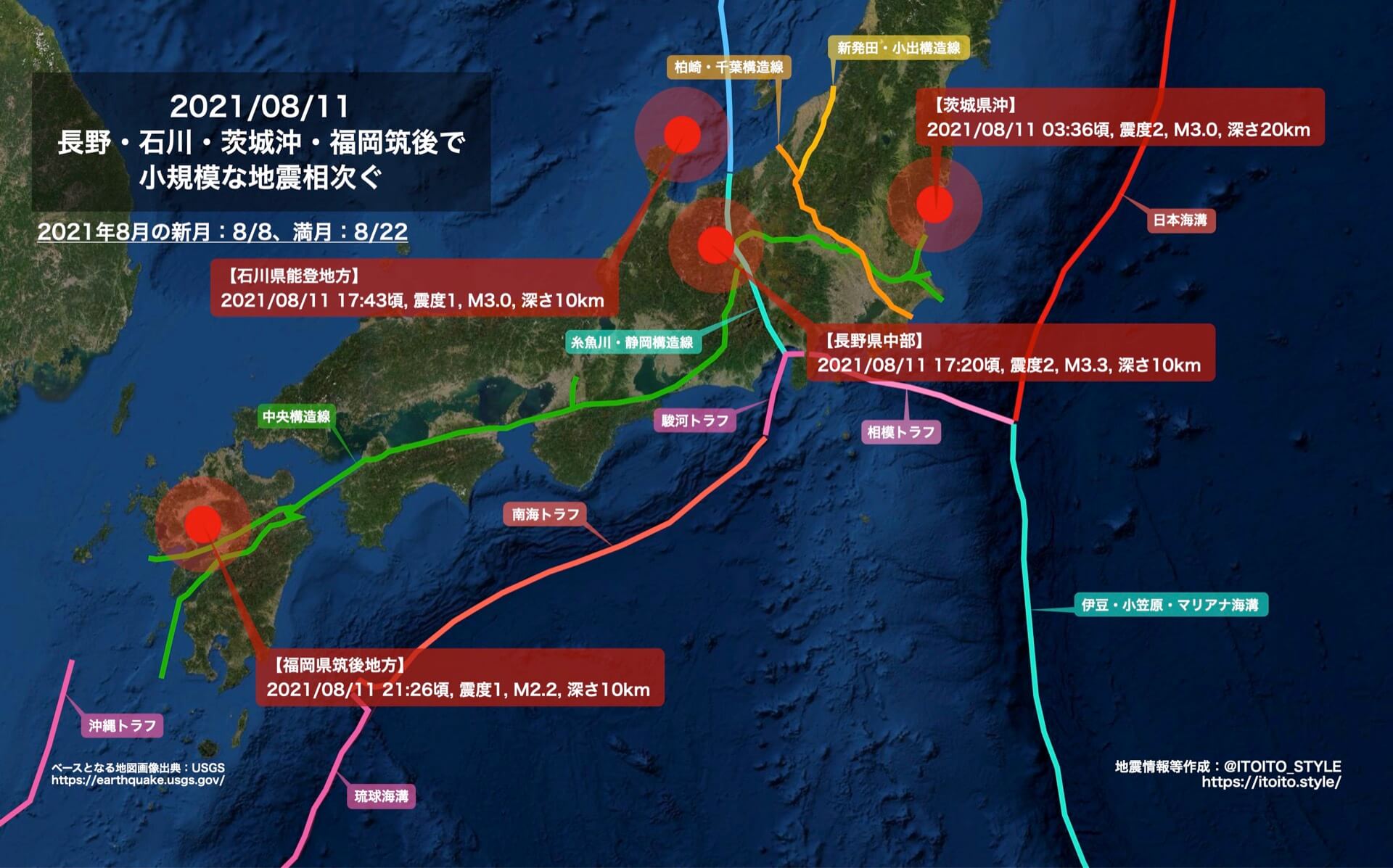 長野・石川・茨城沖・福岡筑後で小規模な地震相次ぐ（2021/08/11） | itoito.style