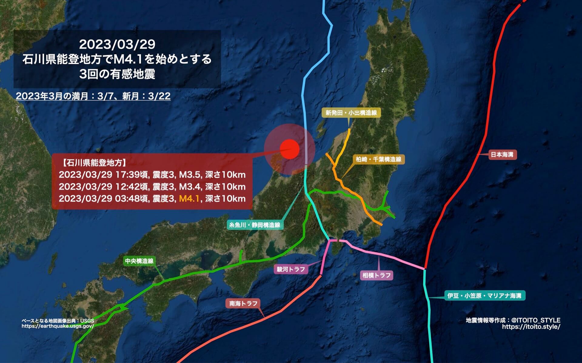 石川県能登地方でM4.1を始めとする3回の有感地震（2023/03/29