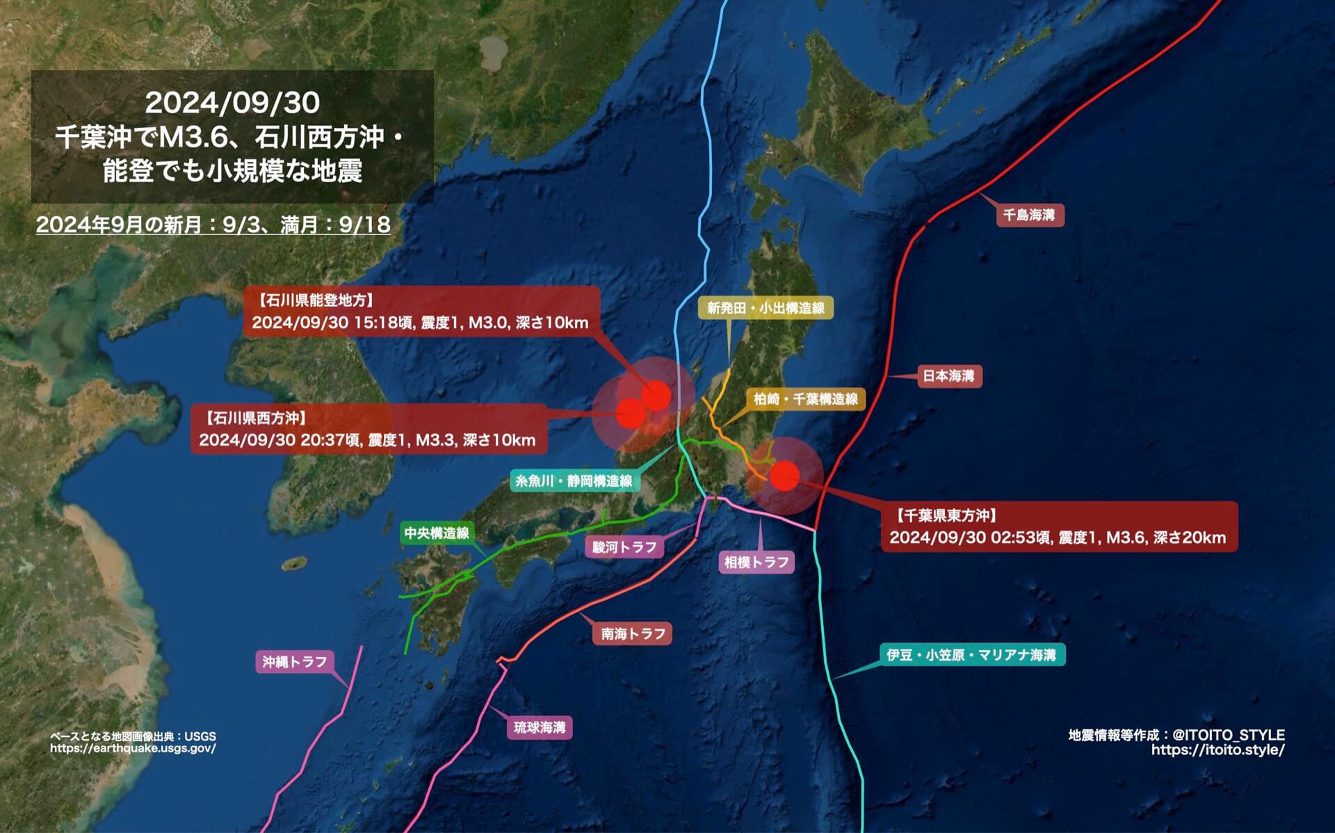 千葉東方沖でM3.6、石川西方沖・能登でも小規模な地震(2024/09 千葉東方沖でM3.6、石川西方沖・能登でも小規模な地震(2024/09